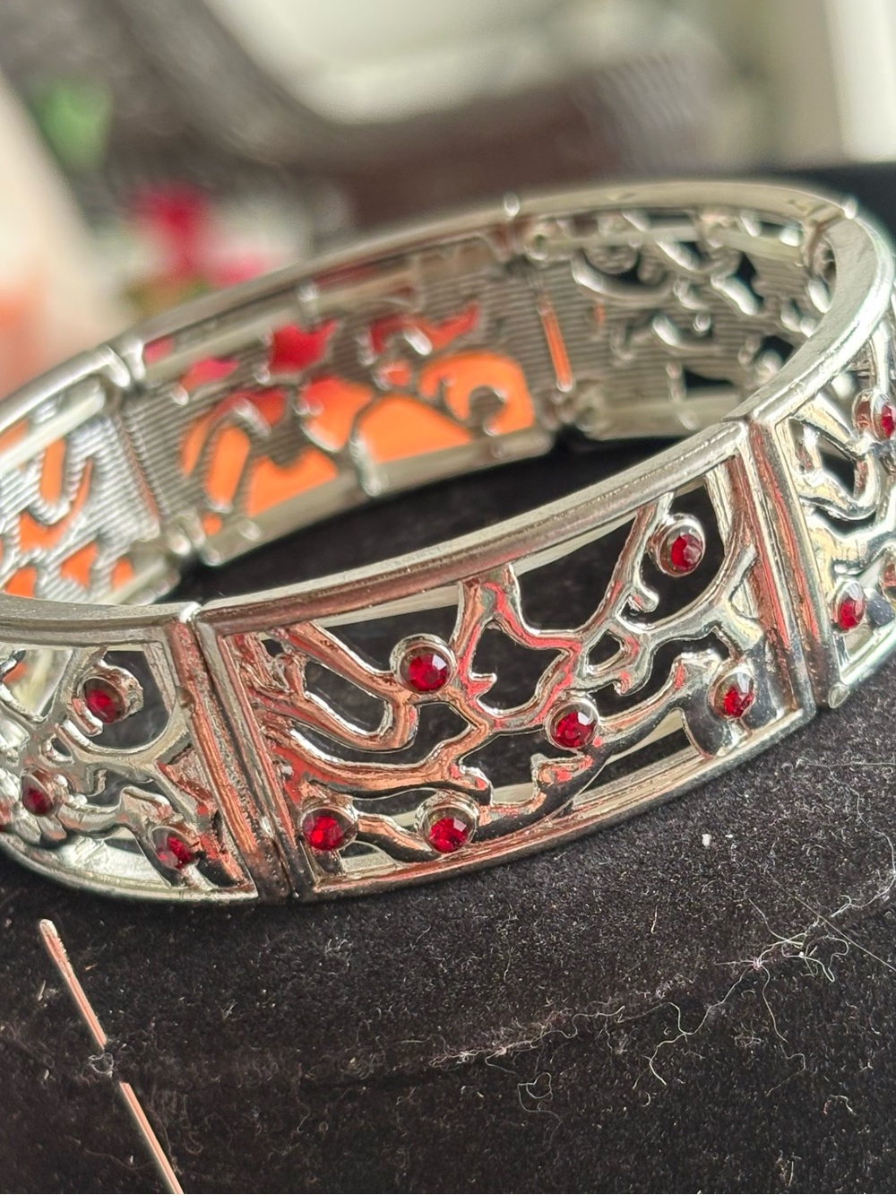 Silver Filigree Bangle Bracelet with Red Gem Accents
